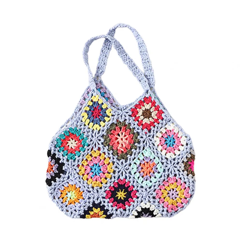 Bohemian Crochet Ladies Shoulder Bags Knitted Multicolor Hollow Tote Bag Retro Casual Knit Tote Bag Summer Beach Bag