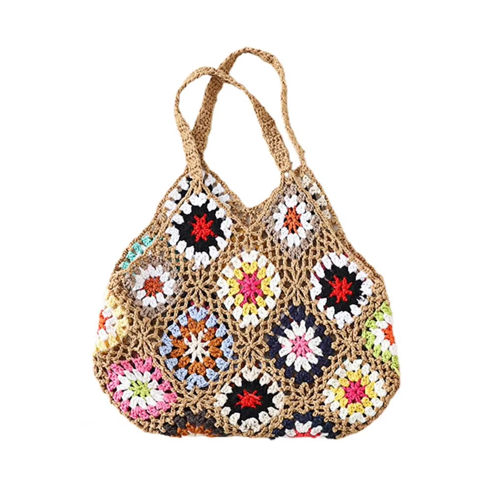 Bohemian Crochet Ladies Shoulder Bags Knitted Multicolor Hollow Tote Bag Retro Casual Knit Tote Bag Summer Beach Bag