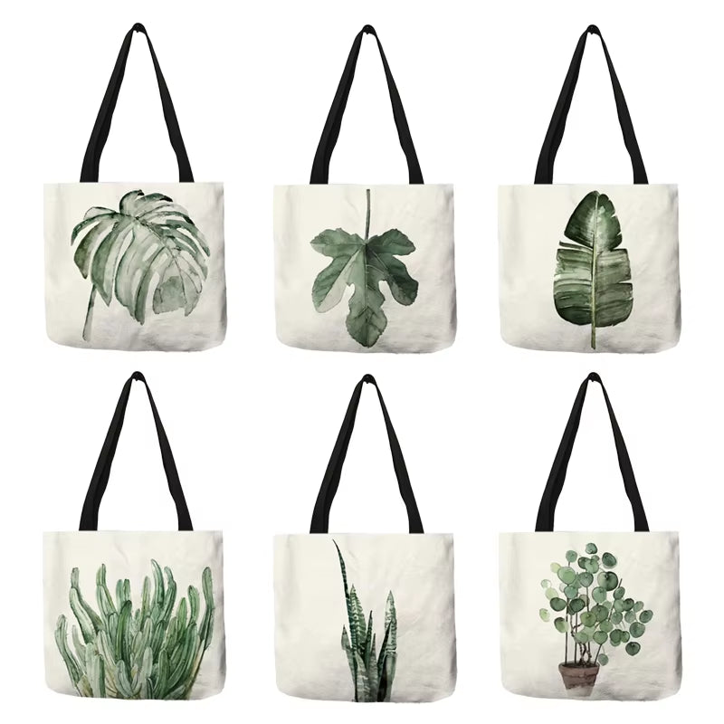 Watercolor Pteridophyte Print Reusable Shopping Bag Banana Tree Tote Bag for Women Fabric Handbags Traveling Beach Bags