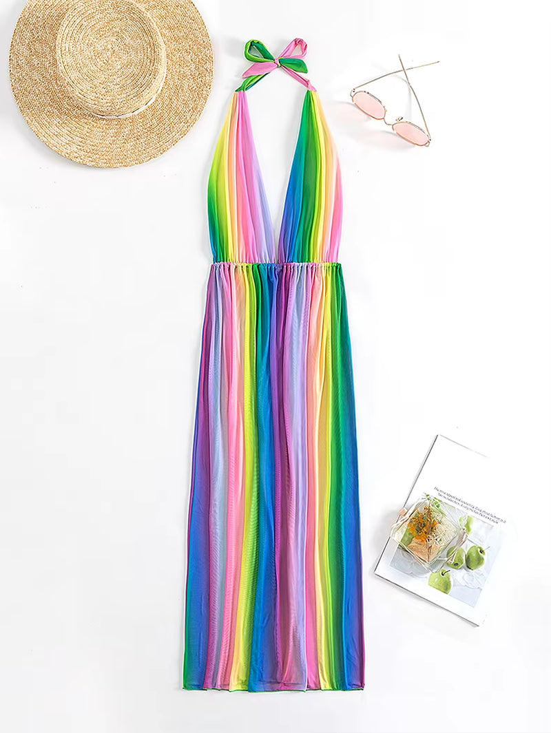 Rainbow Beach Cover Ups Bohemian Kaftans Chiffon Dress for Women 2024 V-Neck Drawstring Tunic Holiday Bathing Suits Beachwear