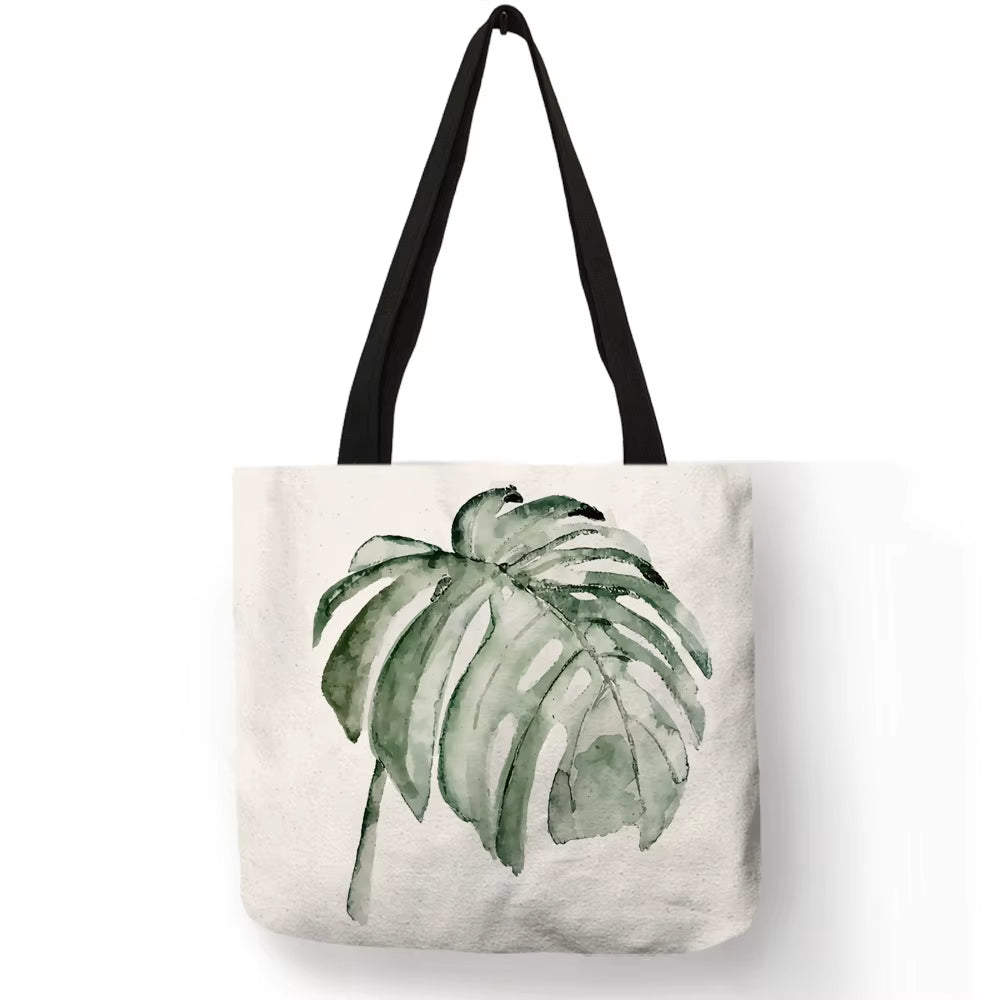 Watercolor Pteridophyte Print Reusable Shopping Bag Banana Tree Tote Bag for Women Fabric Handbags Traveling Beach Bags