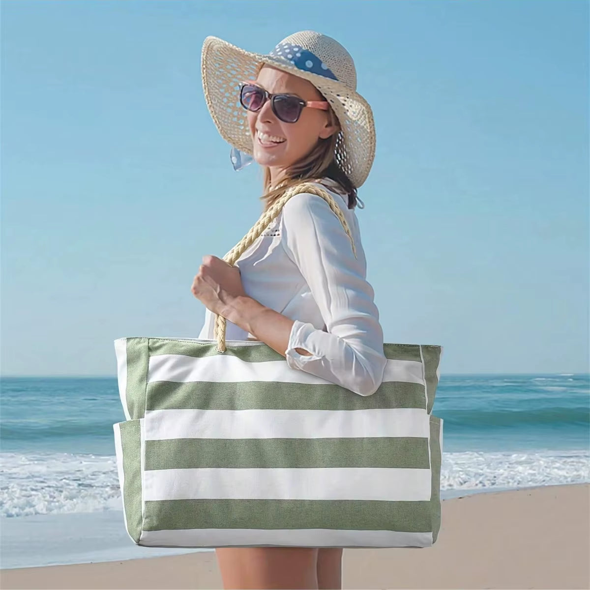 Striped Canvas Summer Beach Bag, Large Capacity Shopping Bag, Fashion Tote Bag for Travel,Ideal for Beach, Travel, & Camping
