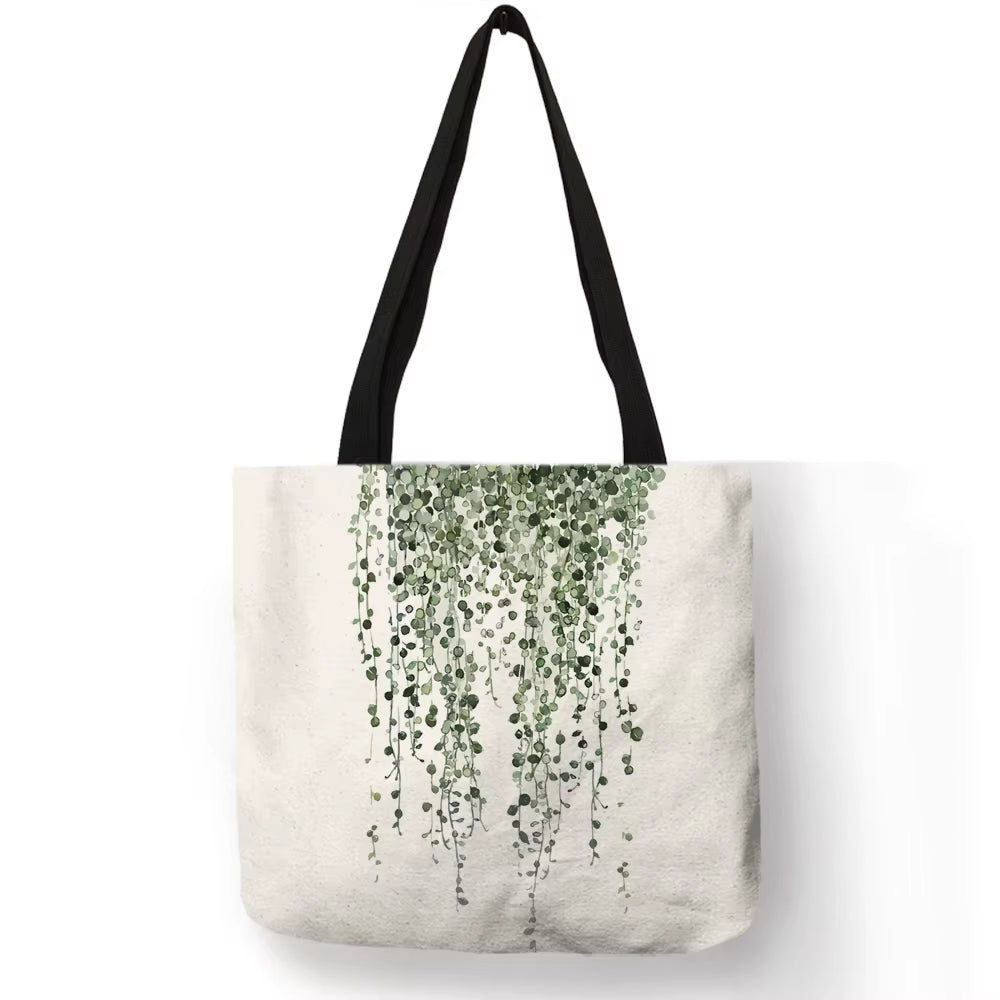 Watercolor Pteridophyte Print Reusable Shopping Bag Banana Tree Tote Bag for Women Fabric Handbags Traveling Beach Bags