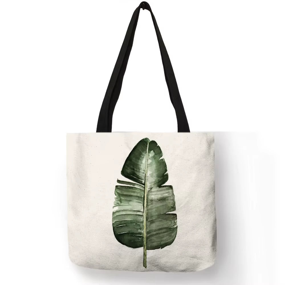 Watercolor Pteridophyte Print Reusable Shopping Bag Banana Tree Tote Bag for Women Fabric Handbags Traveling Beach Bags