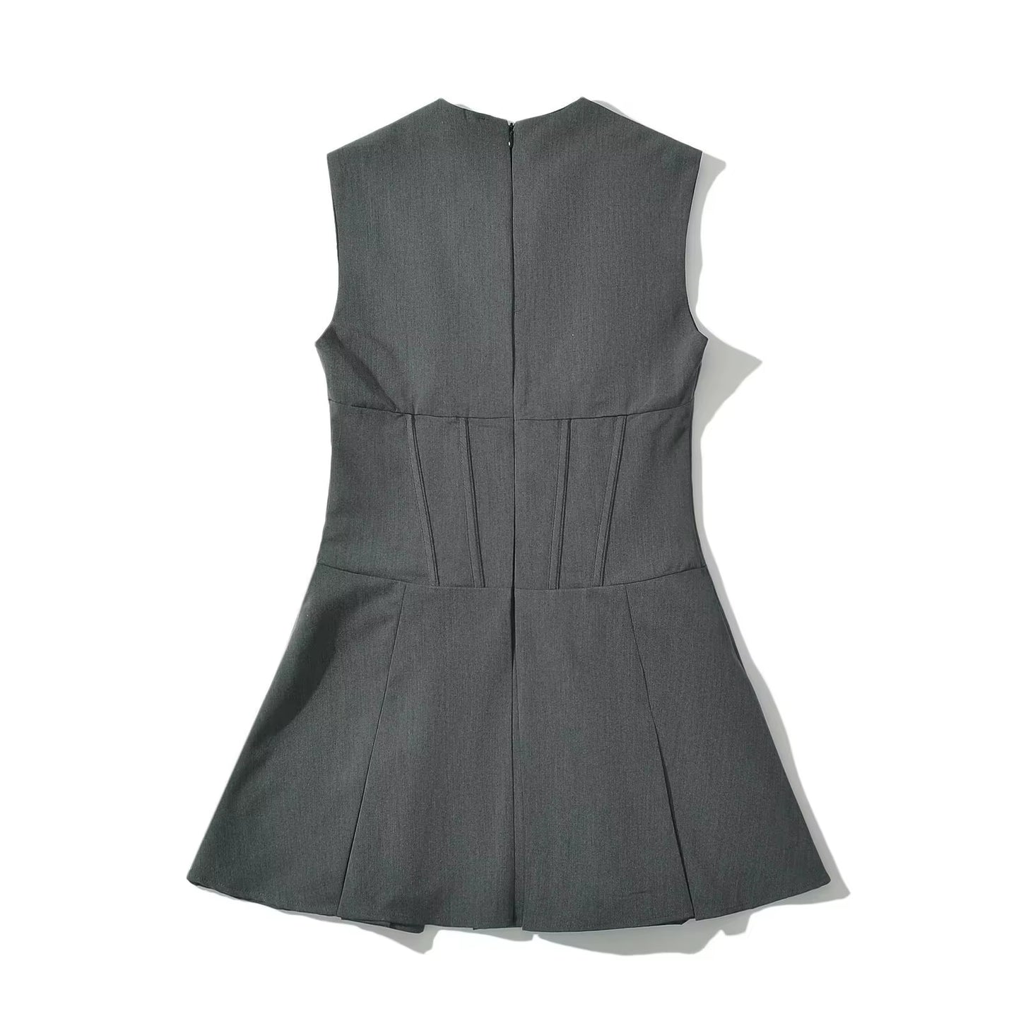 V-Neck Slim Fit Mini Sexy Party Dress Gray Croset Style Dress Women Sleevless Pleated New Summer Dress