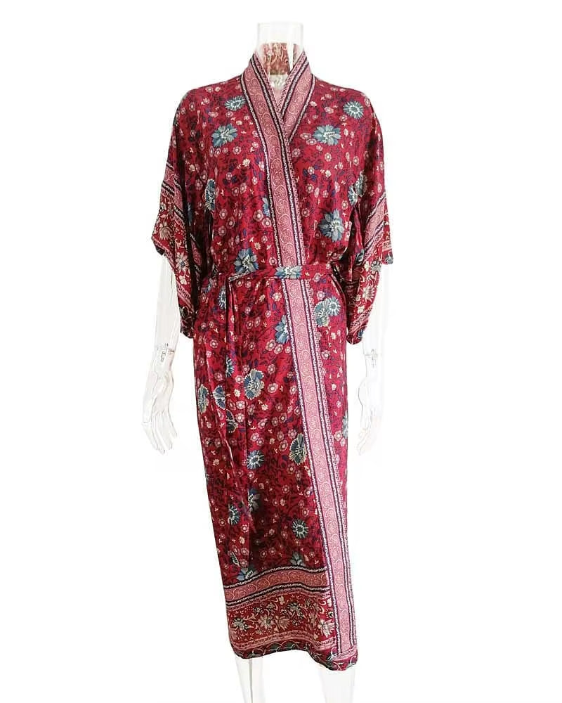 Super Chic Wine Kimono Sleeve Robe Kaftan Floral Print Boho Beach Cover-Ups Sexy Side Slits Gypsy Summer Bikini Cover Ups Women