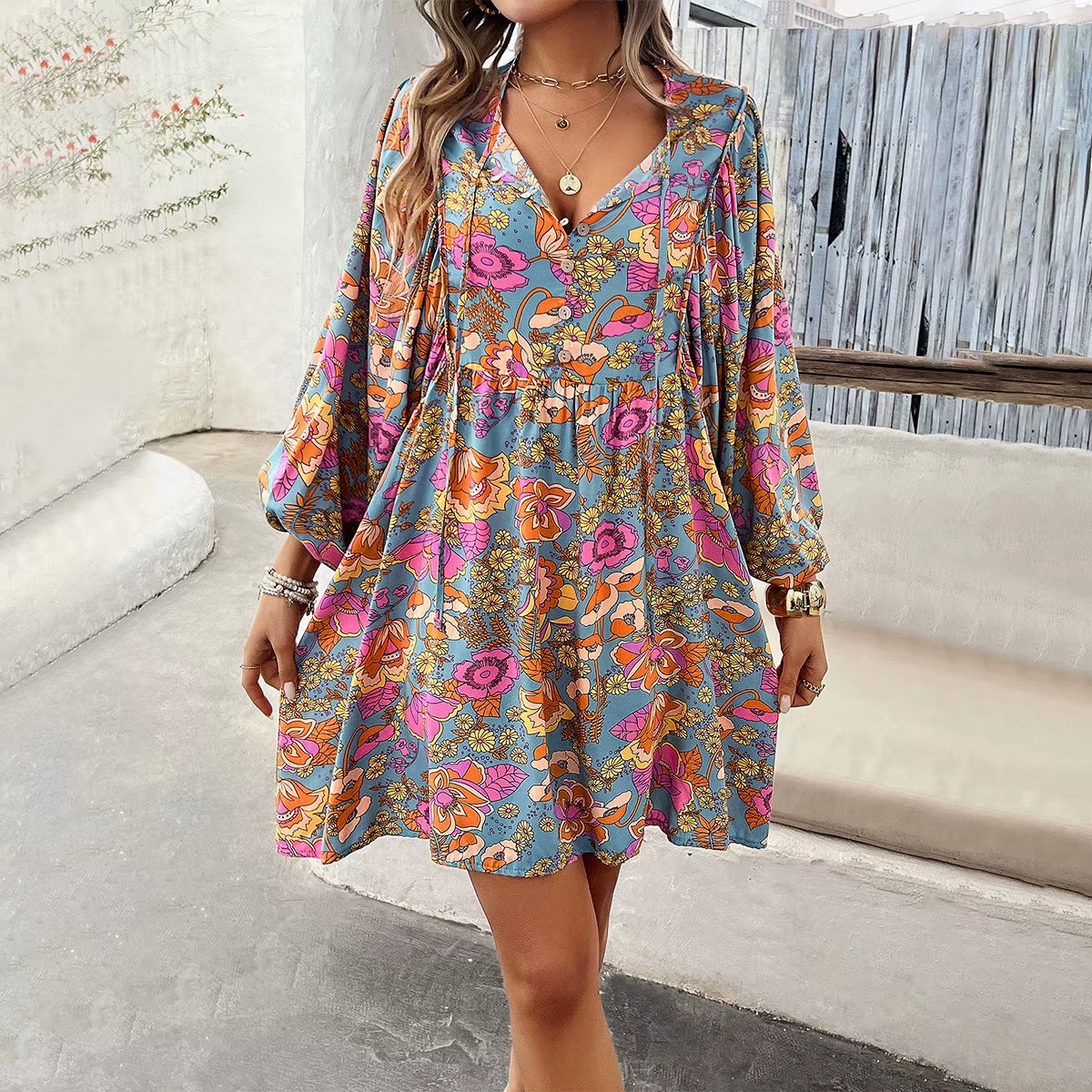 Lantern Long Sleeve Bohemian Cotton Rayon Floral Print Dress Women Vintage V Neck Loose Summer Dresses Robe Boho Beach Vestidos