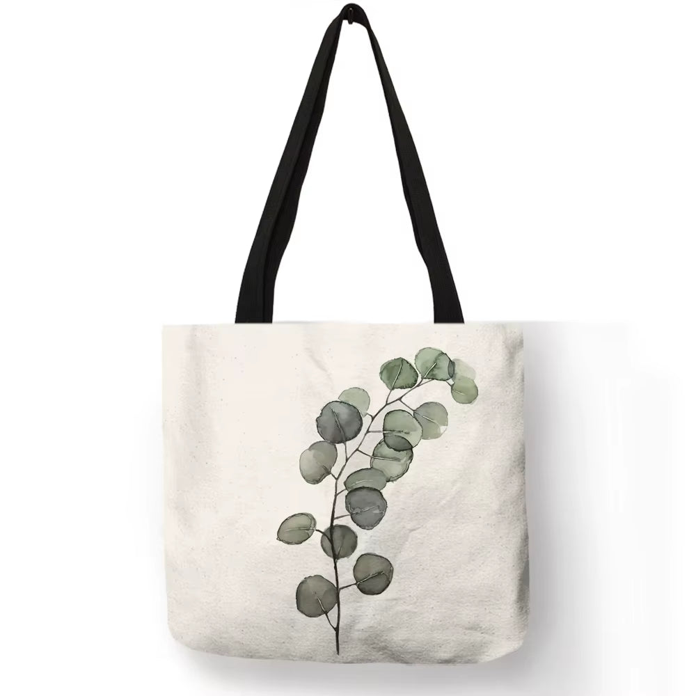 Watercolor Pteridophyte Print Reusable Shopping Bag Banana Tree Tote Bag for Women Fabric Handbags Traveling Beach Bags