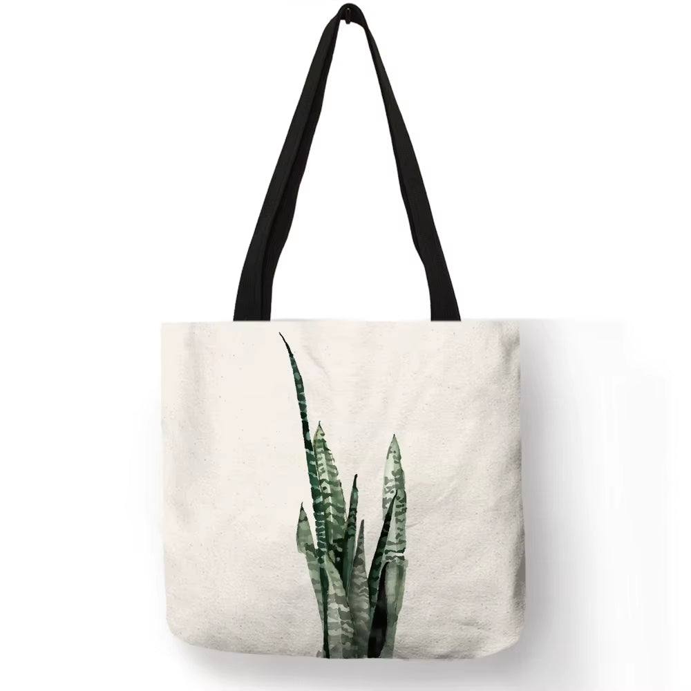 Watercolor Pteridophyte Print Reusable Shopping Bag Banana Tree Tote Bag for Women Fabric Handbags Traveling Beach Bags