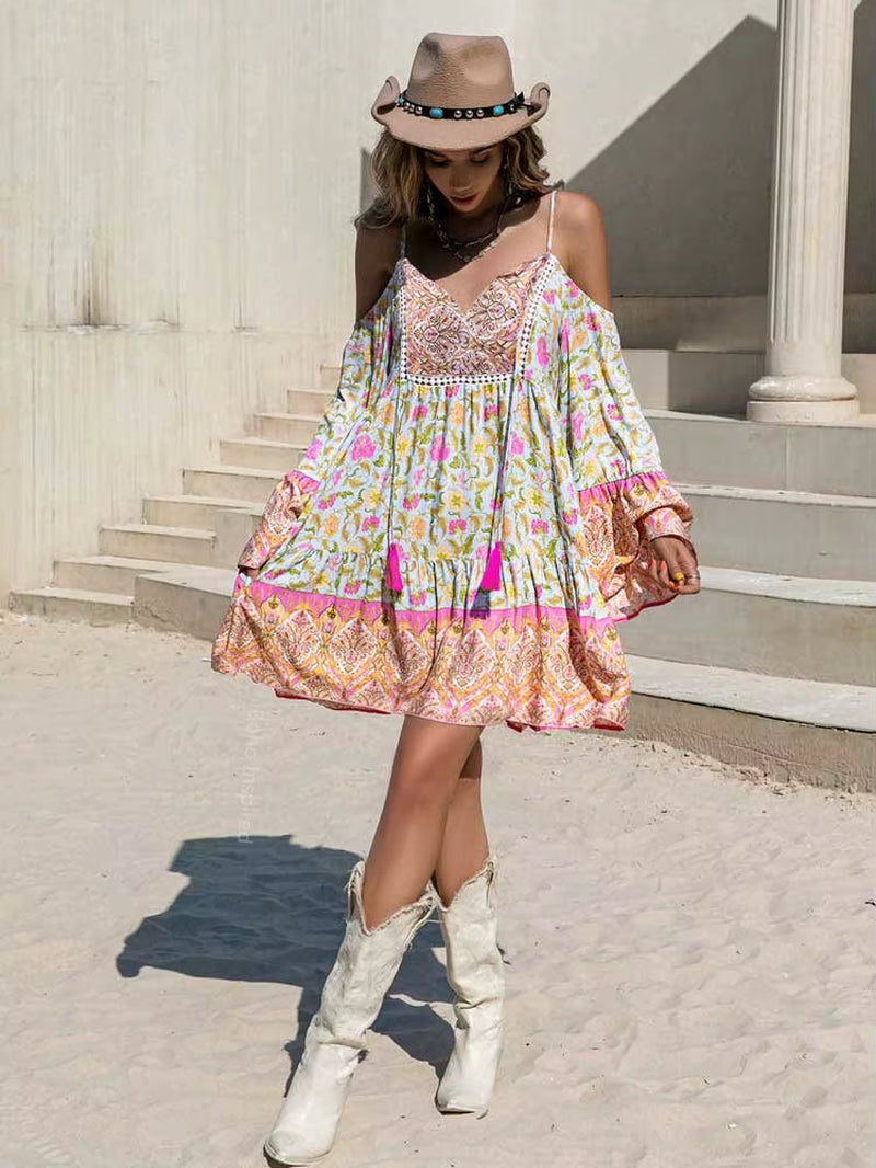 Floral Print Rayon Mini Boho Dress for Women off Shoulder V-Neck Half Sleeve Bohemian Boho Beach Summer Dress 2023