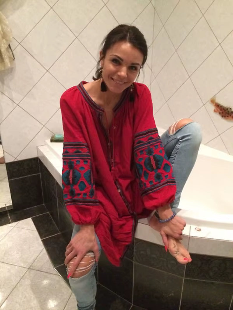 Women Long Blouses Shirts Lantern Sleeve Embroiderd Tassel Women Blouse Tops Summer Female Tops Hippie Blusas