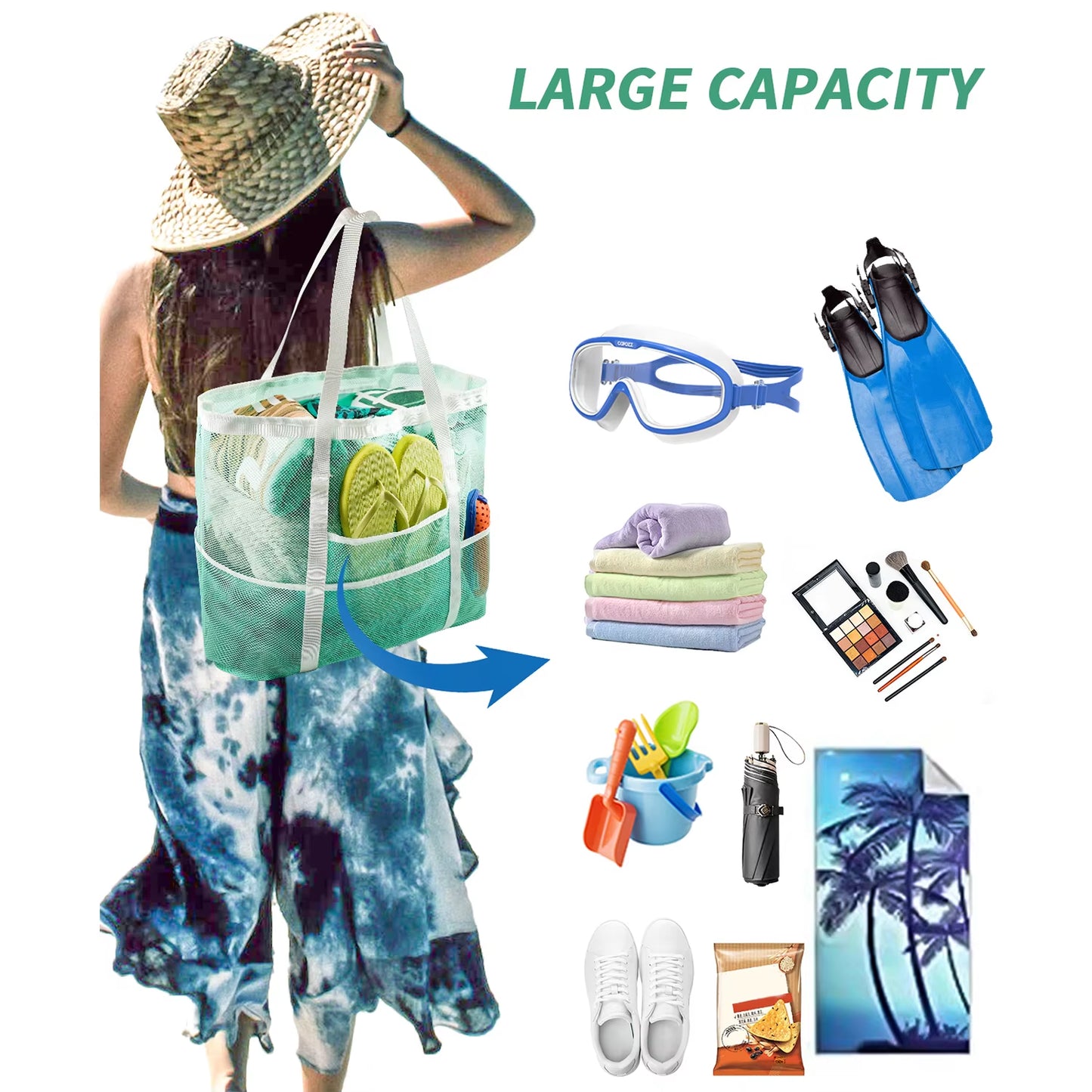 Large-Capacity Mesh Beach Bag Swimming Bag for Children Beach Toy Baskets Portable Travel Storage Wash Bag Quick Dry Tote
