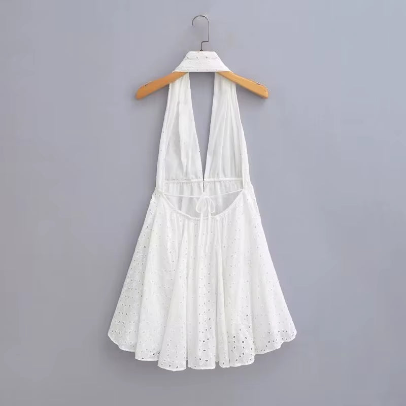 White CUTWORK EMBROIDERY HALTER DRESS V-Neck Sexy Women Summer Dress Cotton New Boho Beach Dress Holiday