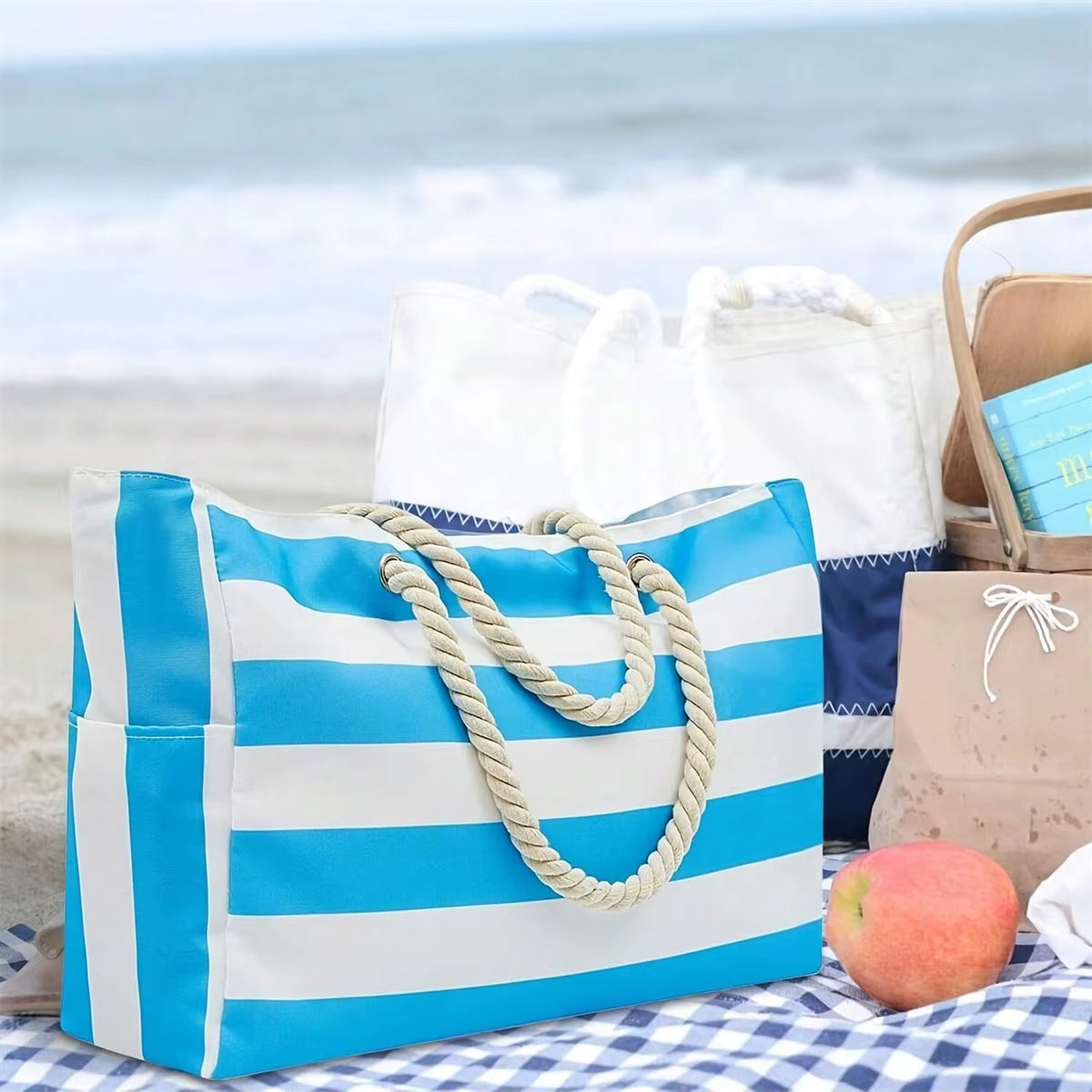 Striped Canvas Summer Beach Bag, Large Capacity Shopping Bag, Fashion Tote Bag for Travel,Ideal for Beach, Travel, & Camping