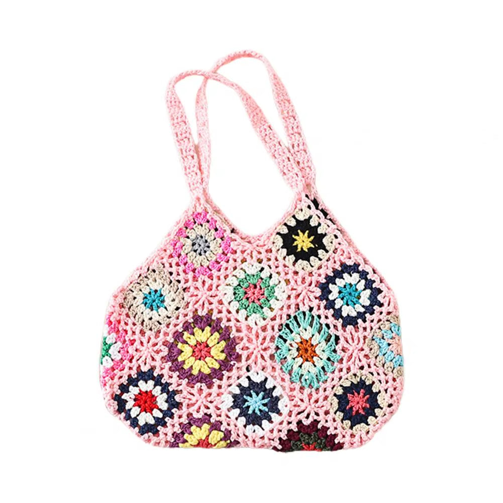 Bohemian Crochet Ladies Shoulder Bags Knitted Multicolor Hollow Tote Bag Retro Casual Knit Tote Bag Summer Beach Bag