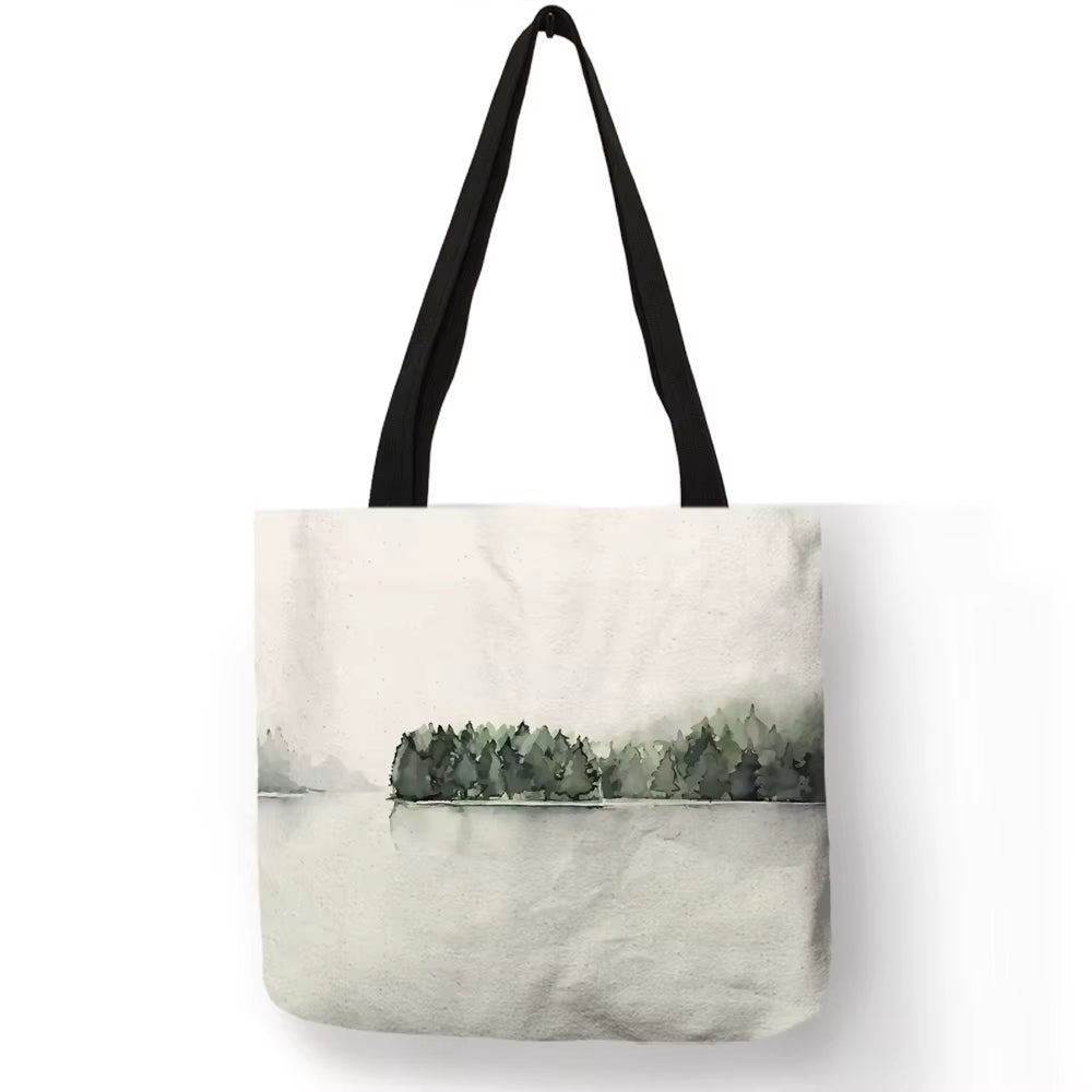 Watercolor Pteridophyte Print Reusable Shopping Bag Banana Tree Tote Bag for Women Fabric Handbags Traveling Beach Bags