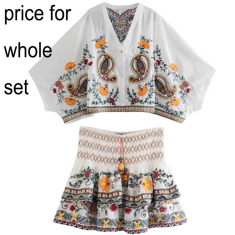Floral Embroidery Boho Dress V-Neck Batwing Sleeve Dress Women Elastic Waist Pleated Chic Holiday Party Dress New