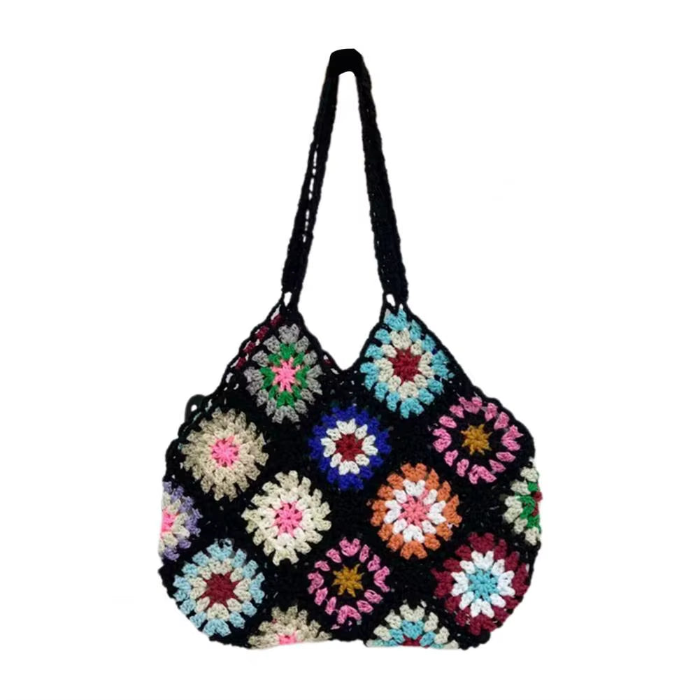 Bohemian Crochet Ladies Shoulder Bags Knitted Multicolor Hollow Tote Bag Retro Casual Knit Tote Bag Summer Beach Bag