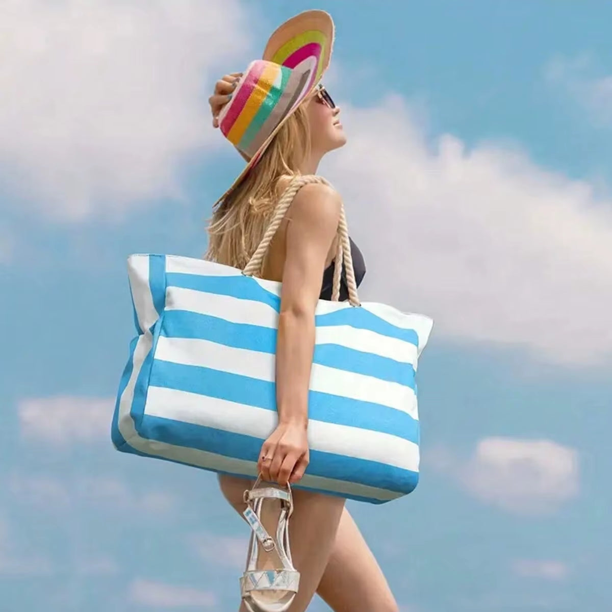 Striped Canvas Summer Beach Bag, Large Capacity Shopping Bag, Fashion Tote Bag for Travel,Ideal for Beach, Travel, & Camping