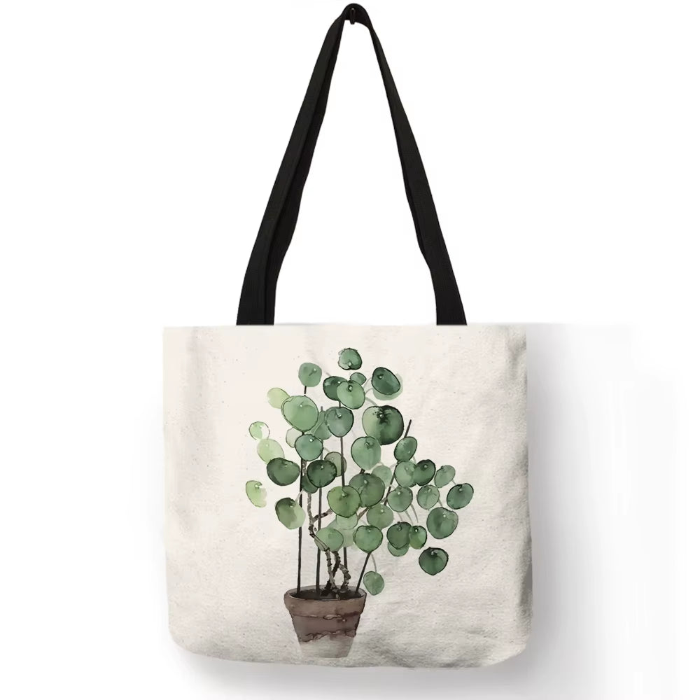 Watercolor Pteridophyte Print Reusable Shopping Bag Banana Tree Tote Bag for Women Fabric Handbags Traveling Beach Bags