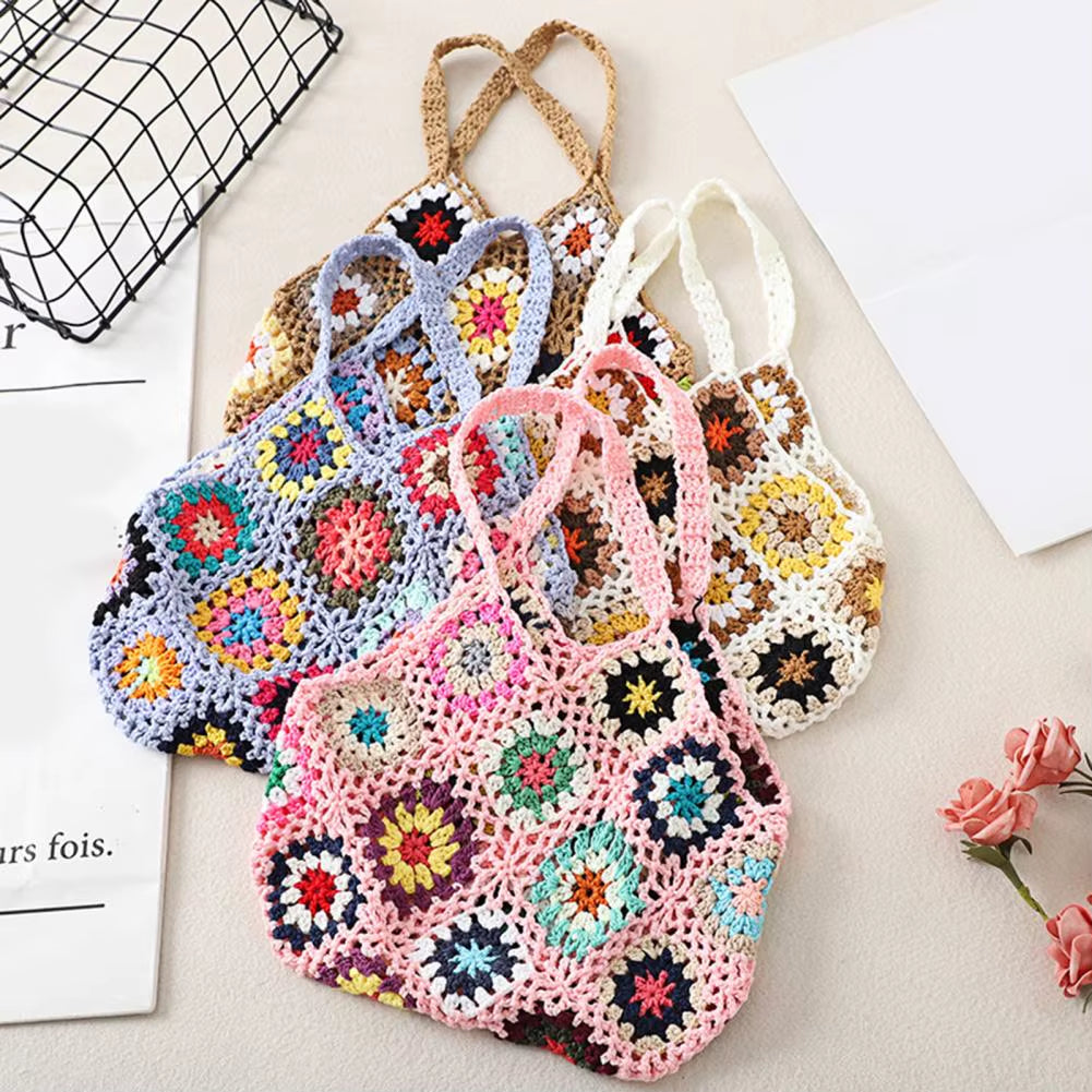 Bohemian Crochet Ladies Shoulder Bags Knitted Multicolor Hollow Tote Bag Retro Casual Knit Tote Bag Summer Beach Bag