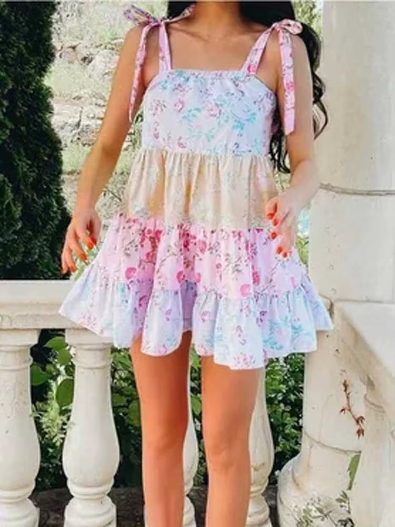 Floral Tiered Tie-Strap Mini Dress for Women Cute Summer Dresses New Feminine Babydoll Dress Sexy Party Dress