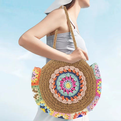2024 Summer round Straw Woven Shoulder Bag Women'S Large Capacity Weaving Tote Bag Ethnic Style Stylish Handbag Ladies Beach Bag