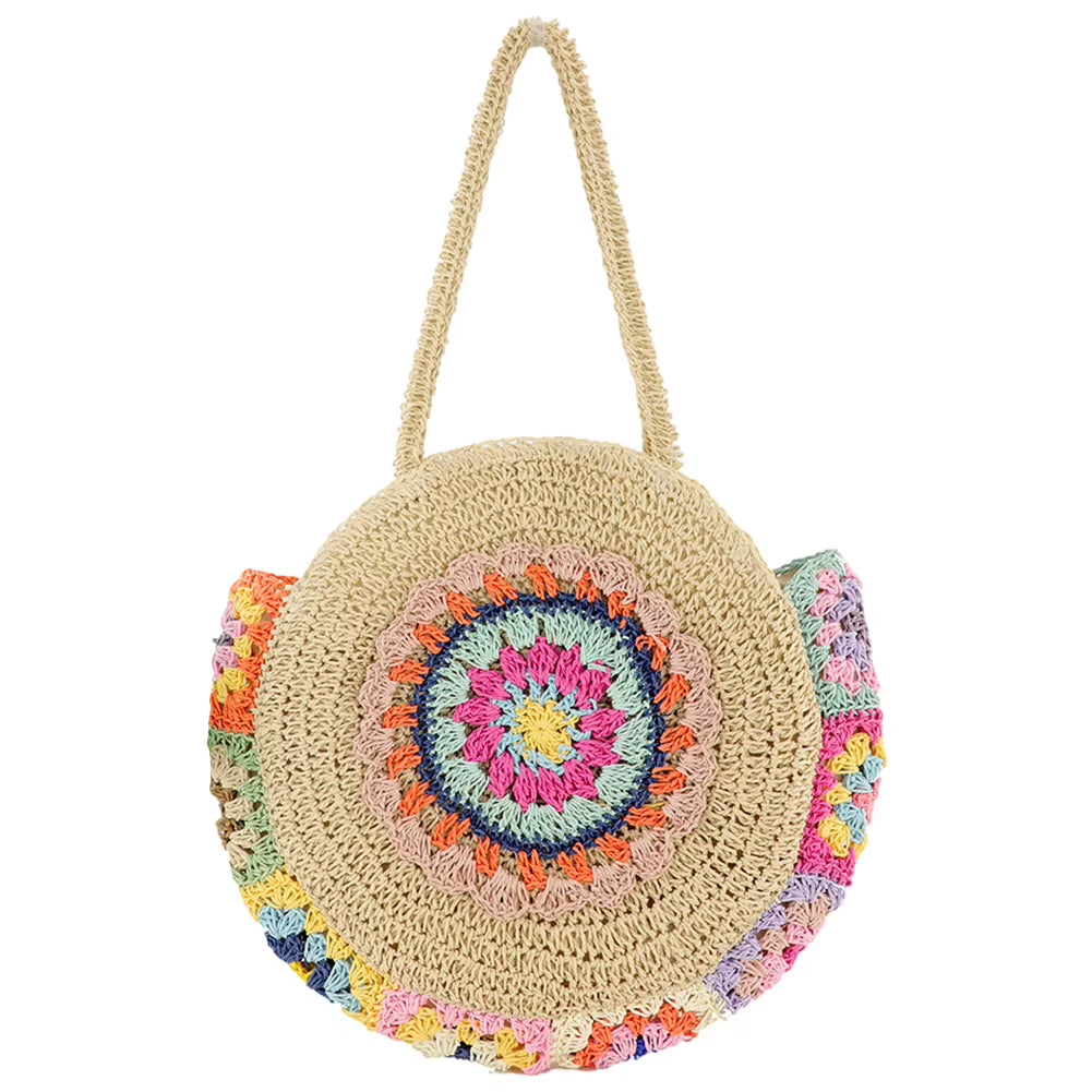 2024 Summer round Straw Woven Shoulder Bag Women'S Large Capacity Weaving Tote Bag Ethnic Style Stylish Handbag Ladies Beach Bag