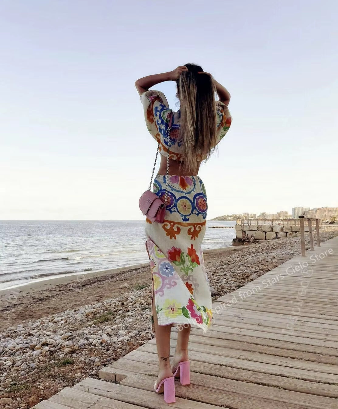 Mixed Floral PRINTED DRESS Women V-NECK Side Slit Sexy Women Summer Dress ELASTIC Waist Holiday Party Dress New