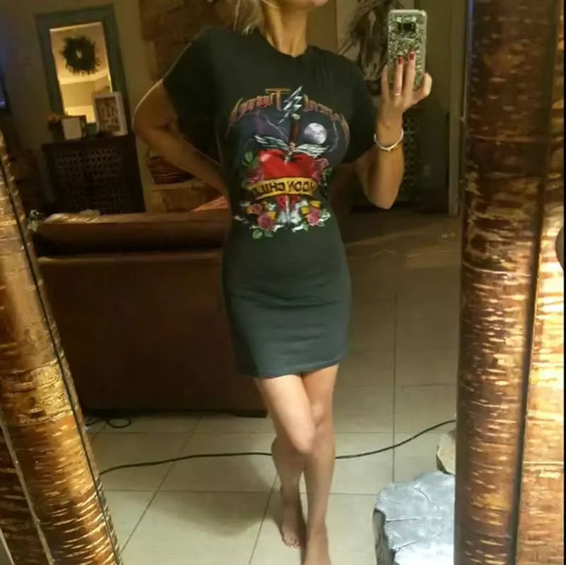 Super Chic Rock'N'Roll Vibes Boho DRESS Vintage Black Mystic Thunder T-Shirt Dress Cotton Za Women Dress for Women Summer 2022