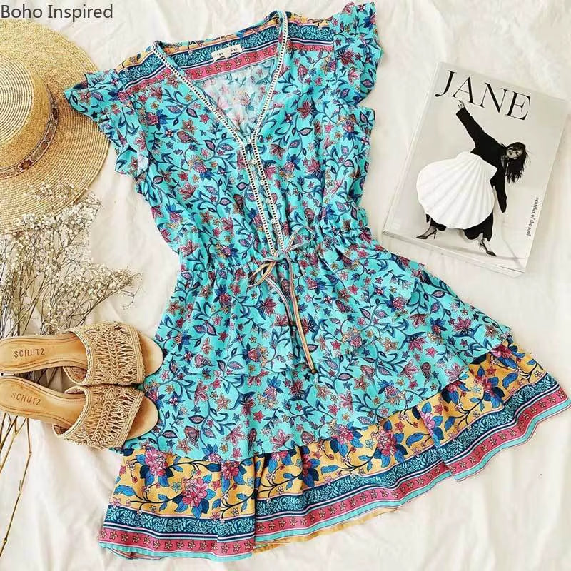 Purple Multi Print Ruffle Dress V-Neck Mini Party Dress Layered Cascading Ruffle Boho Dress 2022 New Summer Dress