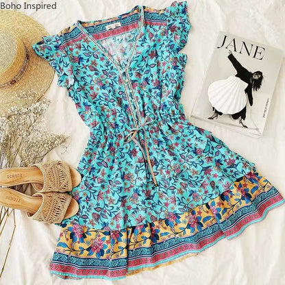 Purple Multi Print Ruffle Dress V-Neck Mini Party Dress Layered Cascading Ruffle Boho Dress 2022 New Summer Dress