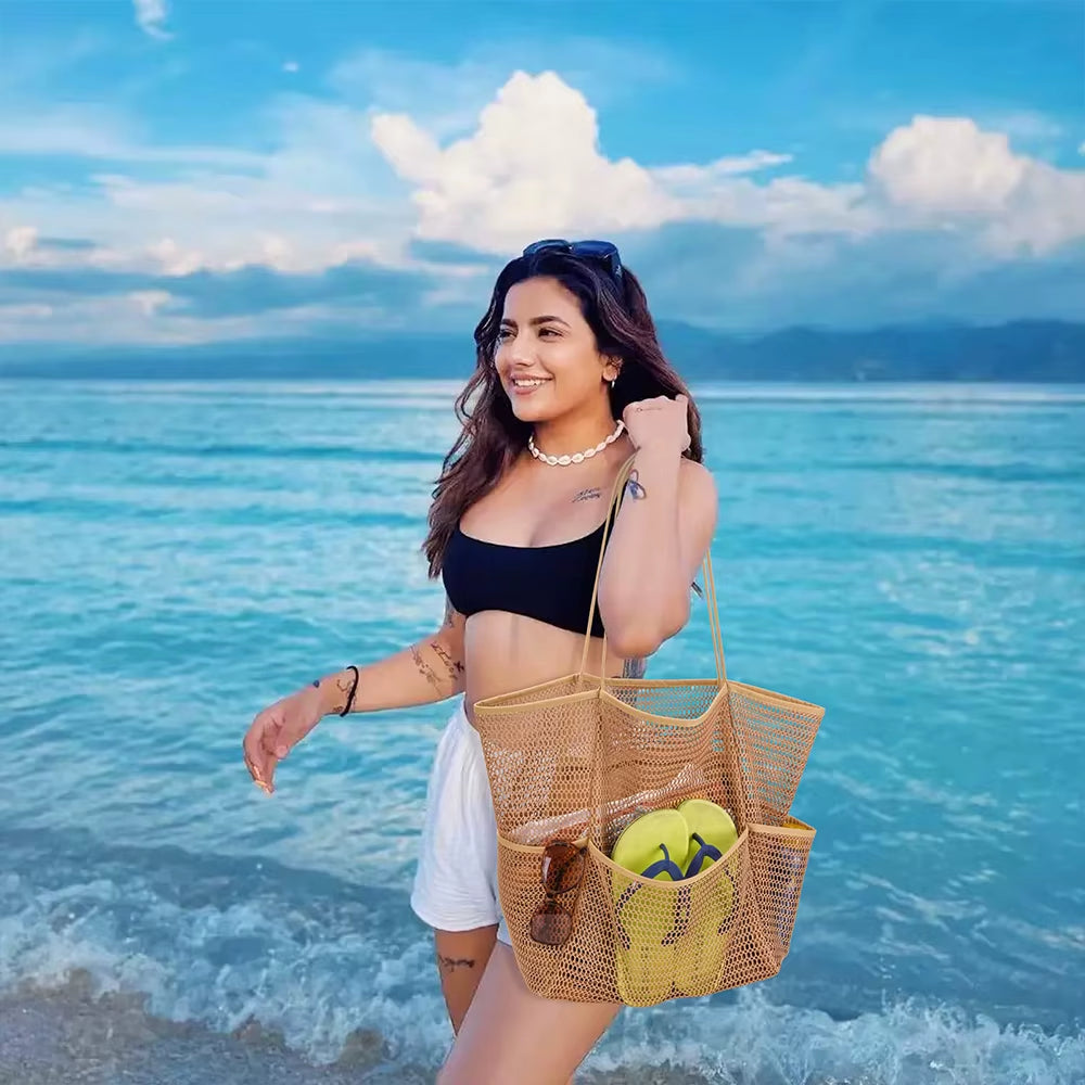 Mesh Beach Tote Bag for Women 2024 Upgrade Waterproof Pool Bag for Beach Vacation Pool Family Travel Essentials