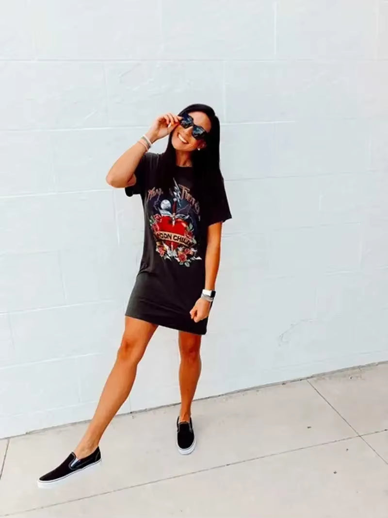 Super Chic Rock'N'Roll Vibes Boho DRESS Vintage Black Mystic Thunder T-Shirt Dress Cotton Za Women Dress for Women Summer 2022