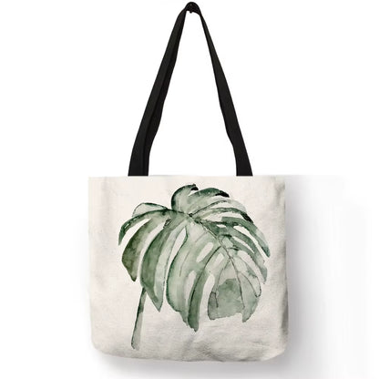 Watercolor Pteridophyte Print Reusable Shopping Bag Banana Tree Tote Bag for Women Fabric Handbags Traveling Beach Bags