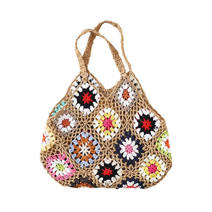 Bohemian Crochet Ladies Shoulder Bags Knitted Multicolor Hollow Tote Bag Retro Casual Knit Tote Bag Summer Beach Bag