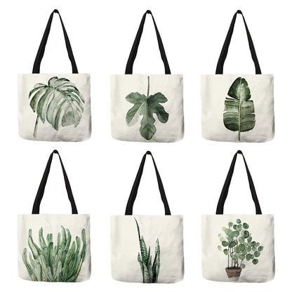 Watercolor Pteridophyte Print Reusable Shopping Bag Banana Tree Tote Bag for Women Fabric Handbags Traveling Beach Bags