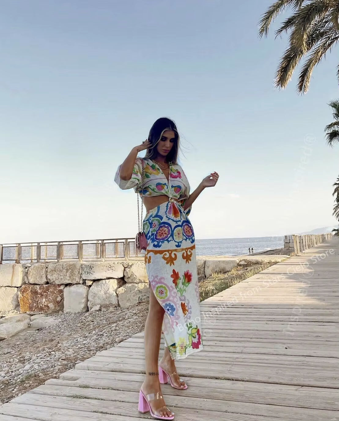 Mixed Floral PRINTED DRESS Women V-NECK Side Slit Sexy Women Summer Dress ELASTIC Waist Holiday Party Dress New
