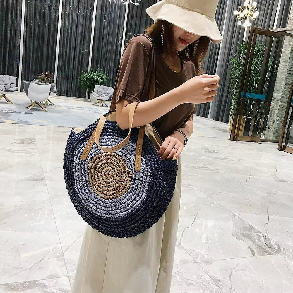 2024 Summer round Straw Woven Shoulder Bag Women'S Large Capacity Weaving Tote Bag Ethnic Style Stylish Handbag Ladies Beach Bag