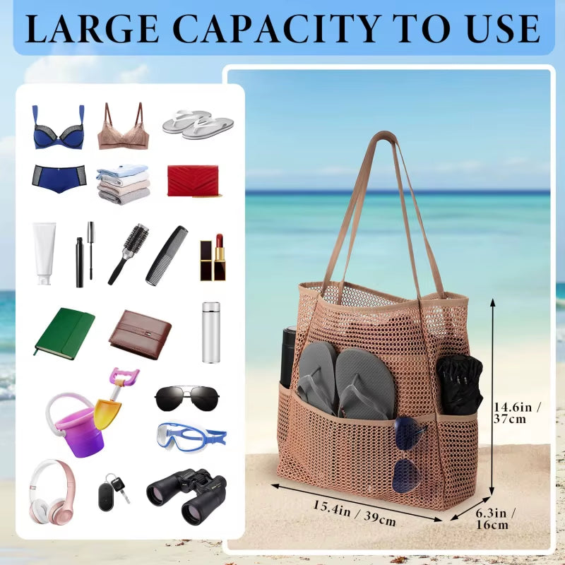 Multi Pockets Summer Beach Bag for Towels Mesh Durable Travel Handbag Toys Organizer Waterproof Underwear Swimming Storage Bag