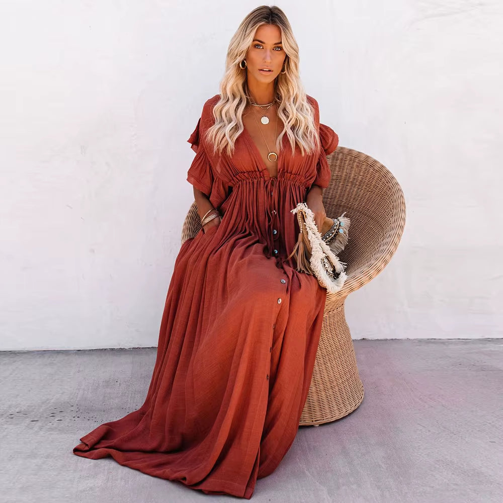 Women Swimsuit Cover Ups Mandarin Sleeve  Beach Cover-Ups