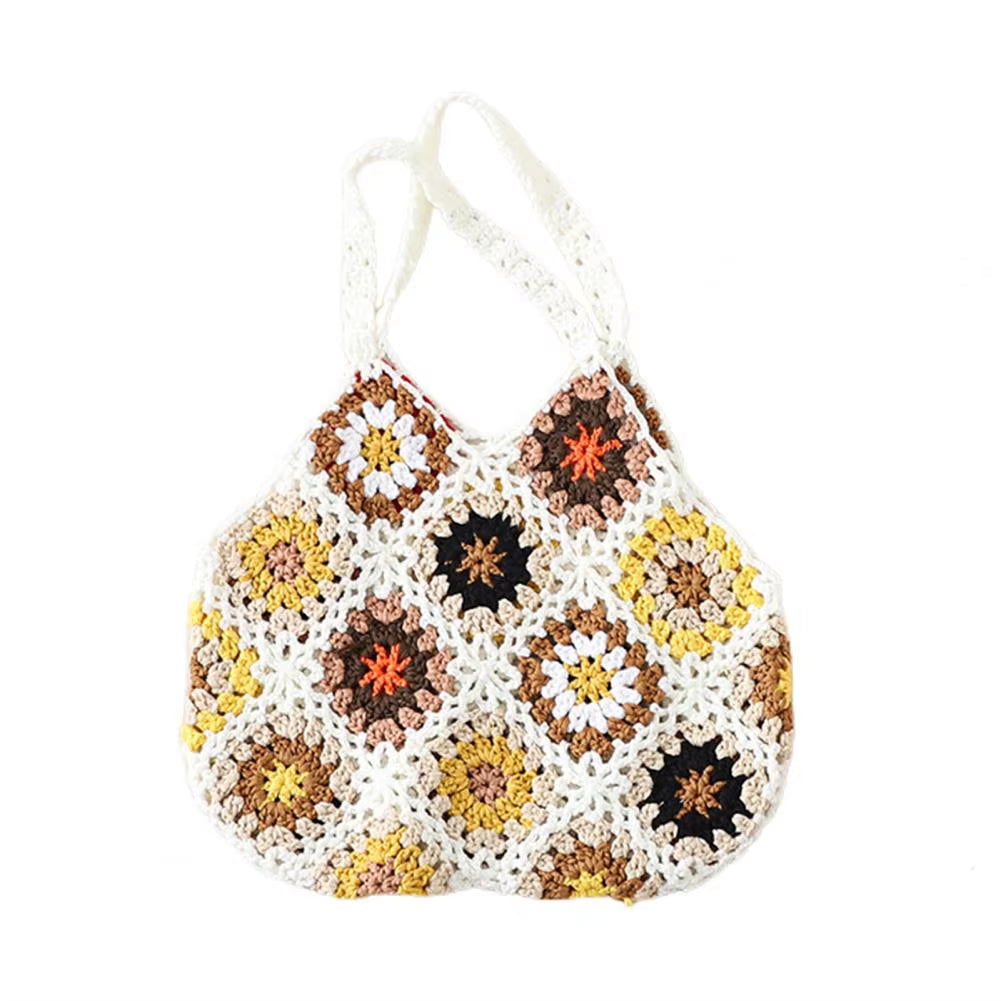 Bohemian Crochet Ladies Shoulder Bags Knitted Multicolor Hollow Tote Bag Retro Casual Knit Tote Bag Summer Beach Bag