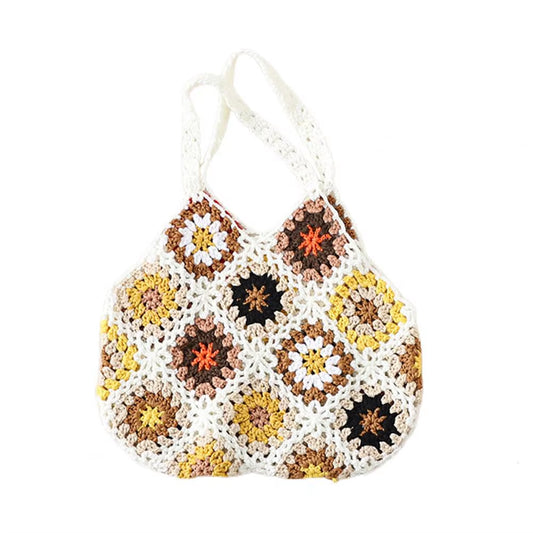 Bohemian Crochet Ladies Shoulder Bags Knitted Multicolor Hollow Tote Bag Retro Casual Knit Tote Bag Summer Beach Bag