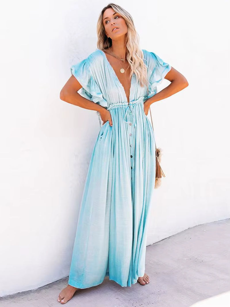 Women Swimsuit Cover Ups Mandarin Sleeve  Beach Cover-Ups