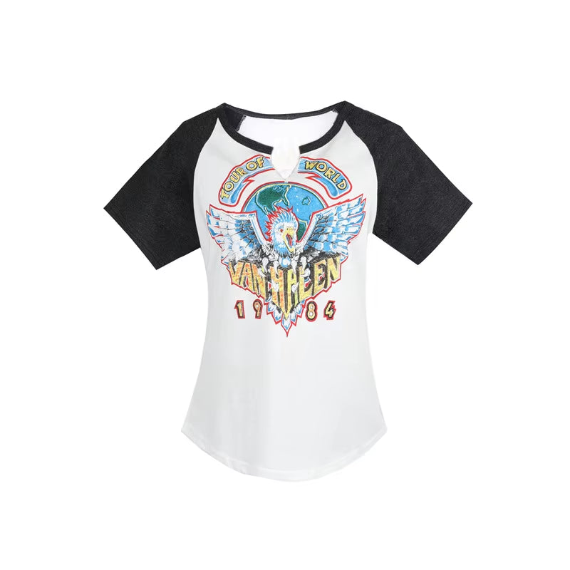 Super Chic Oho Women Tshirt V-Neck Music Cartoon Graphic Tees Cotton Women T-Shirts Ladies Short Sleeve Tee Shirts Band Tshirt