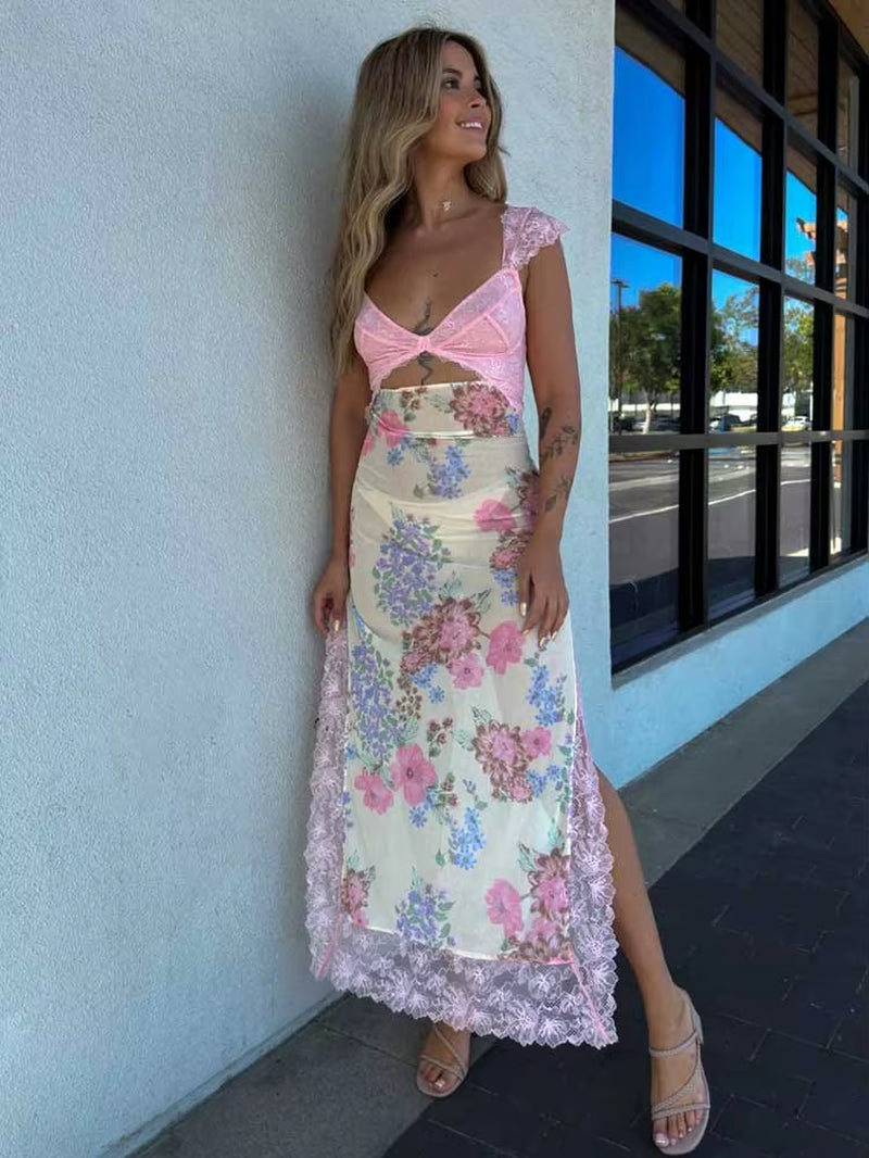 Maxi Slip Dress V-Neck Short Sleeves Side-Slit Summer Dress Cutout Back Sexy Party Dresses New