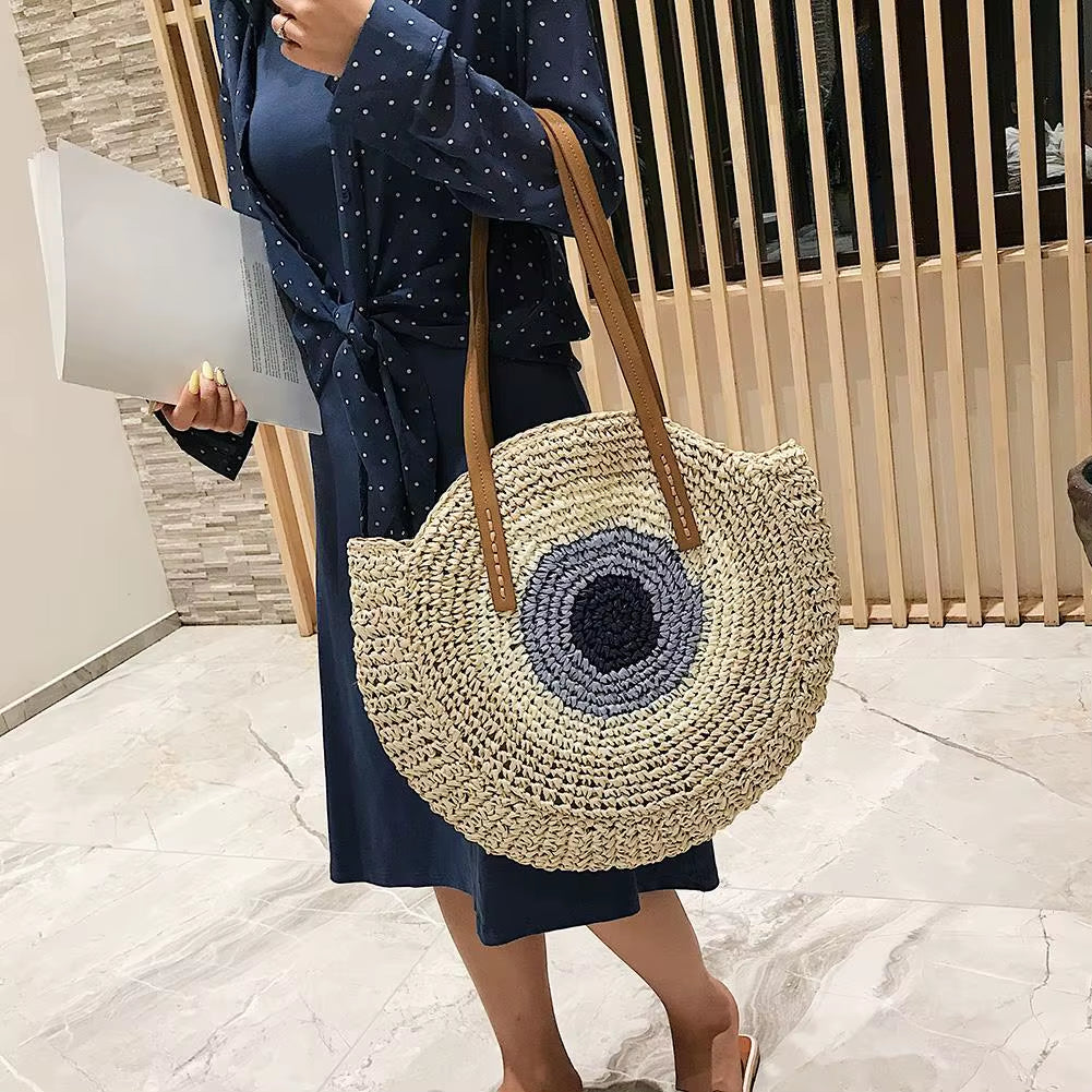 2024 Summer round Straw Woven Shoulder Bag Women'S Large Capacity Weaving Tote Bag Ethnic Style Stylish Handbag Ladies Beach Bag