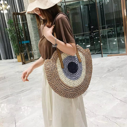 2024 Summer round Straw Woven Shoulder Bag Women'S Large Capacity Weaving Tote Bag Ethnic Style Stylish Handbag Ladies Beach Bag
