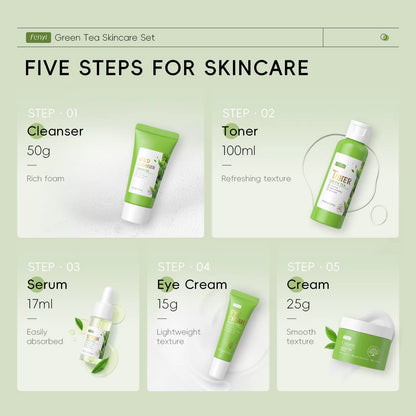 5Pcs/Box Skin Care Set Green Tea Facial Cleaner Soothes Skin Face Toner Tea Serum Moisturizing Cream Repairing Eye Cream Kits