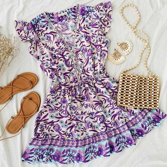 Purple Multi Print Ruffle Dress V-Neck Mini Party Dress Layered Cascading Ruffle Boho Dress 2022 New Summer Dress